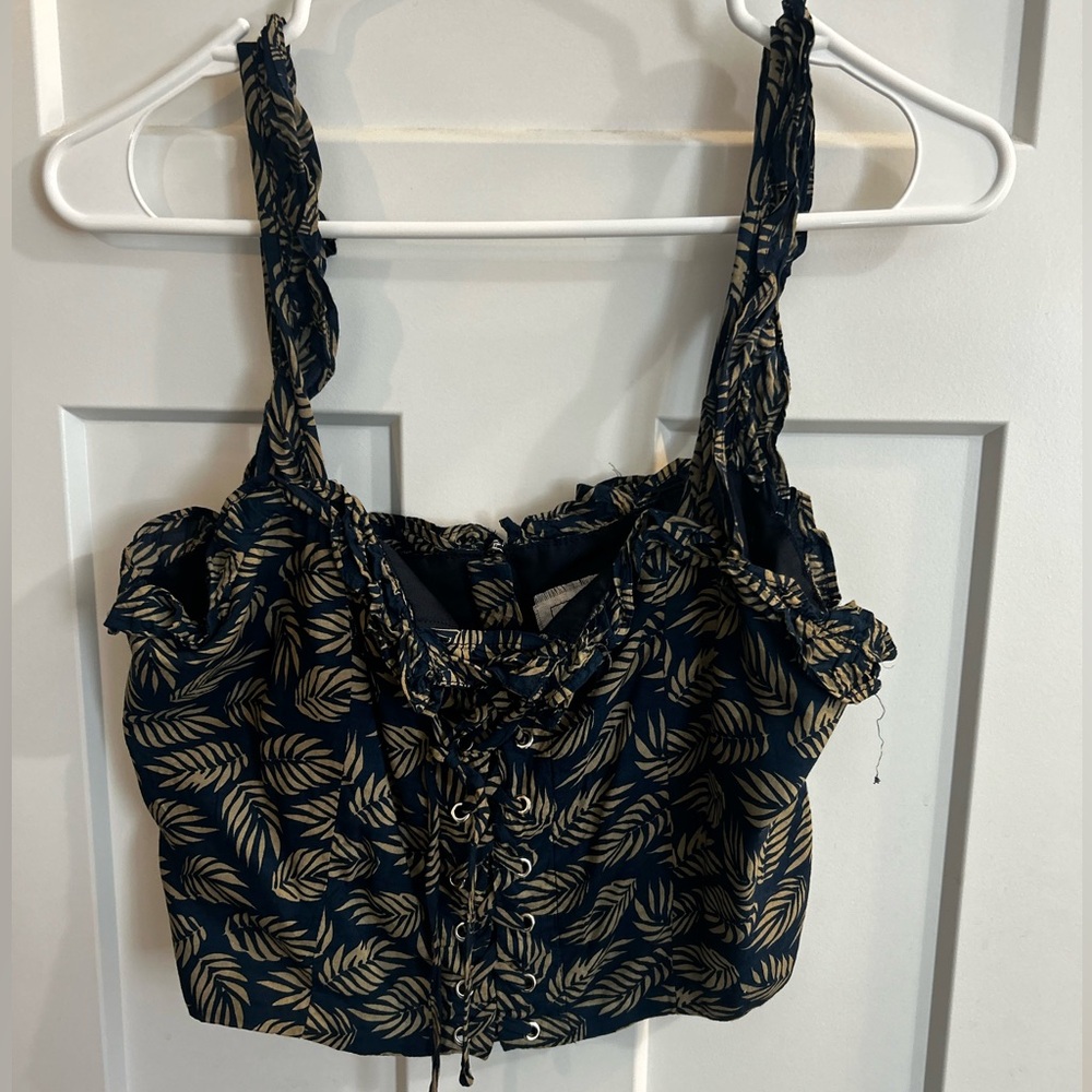 Leaf Print Navy and Beige Women's Crop Top